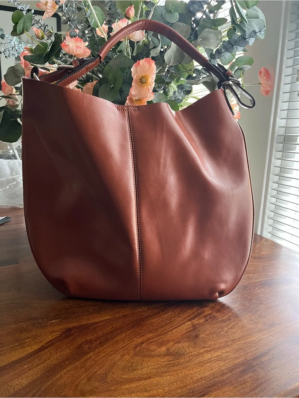 COLAB 2-in-1 Cognac Vegan Leather Slim Hobo Bag Leopard Interior